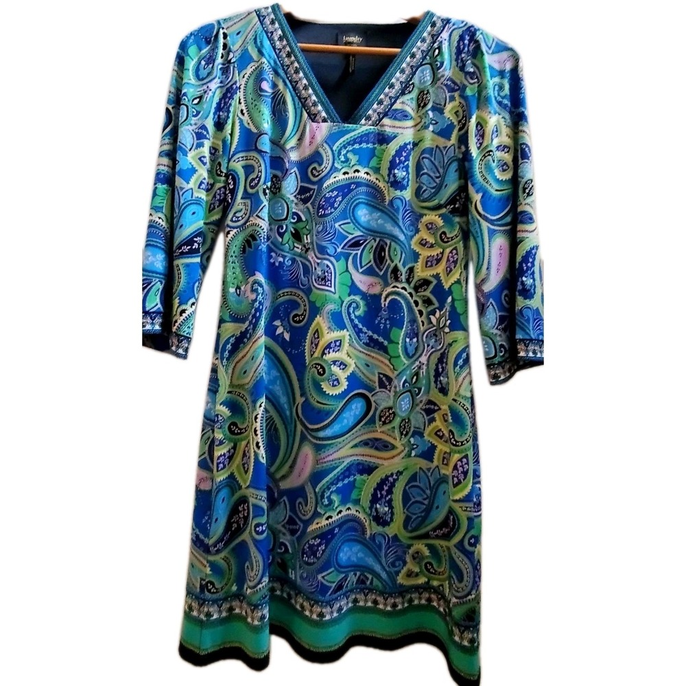 Laundry Shelli Segal Dress SM Lined Silky Shift Sheath Paisley Print 3/4 Sleeve